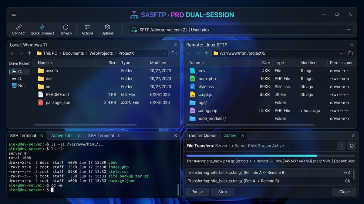 SASFTP - Çift Oturumlu FTP/SFTP ve Sunucudan Sunucuya Aktarım Ekran Görüntüsü