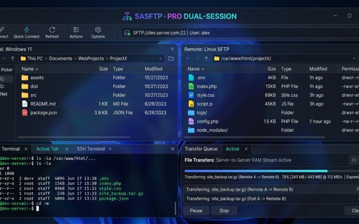 SASFTP - Çift Oturumlu FTP/SFTP ve Sunucudan Sunucuya Aktarım Ekran Görüntüsü